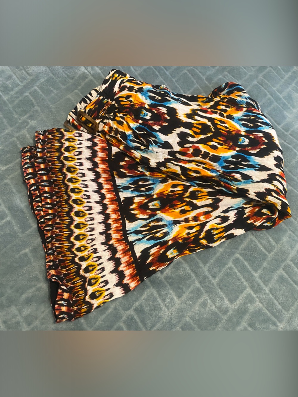 New York & Company Wide Leg Jumpsuit - Black, Orange, Blue Pattern